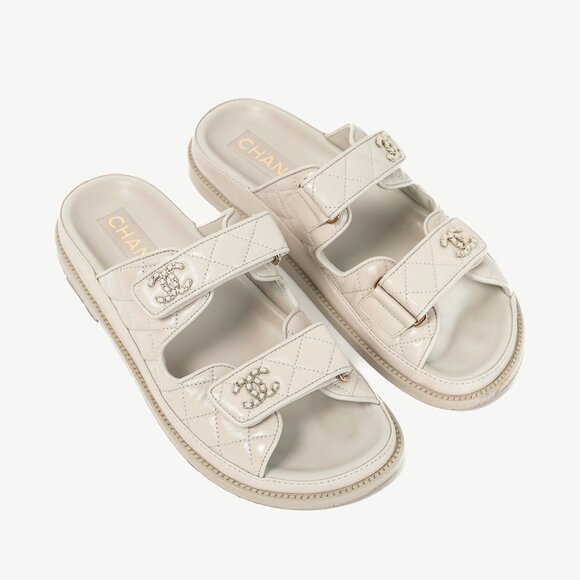 Chanel Light-Grey Lambskin Quilted CC Chain Velcro Dad Sandals - Picture 1 of 13